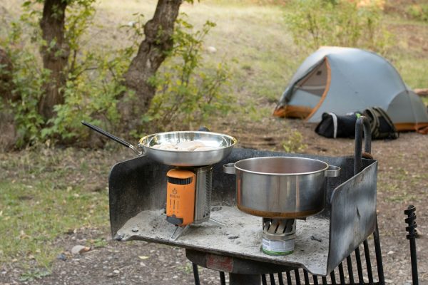Cooking pot on a compact camping stove