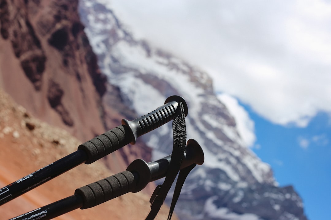 Hiking poles with a snow-capped mountain in the background.