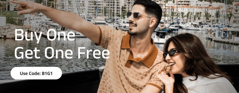 Eyewa sunglasses campaign banner showing fashion eyewear for bright travel days