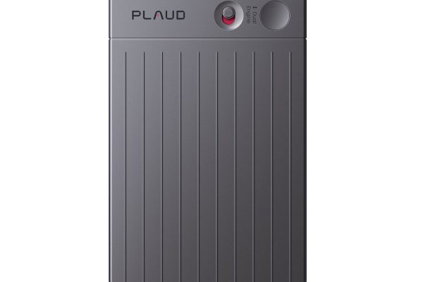 Dark gray PLAUD Note AI voice recorder with ribbed texture and two circular buttons