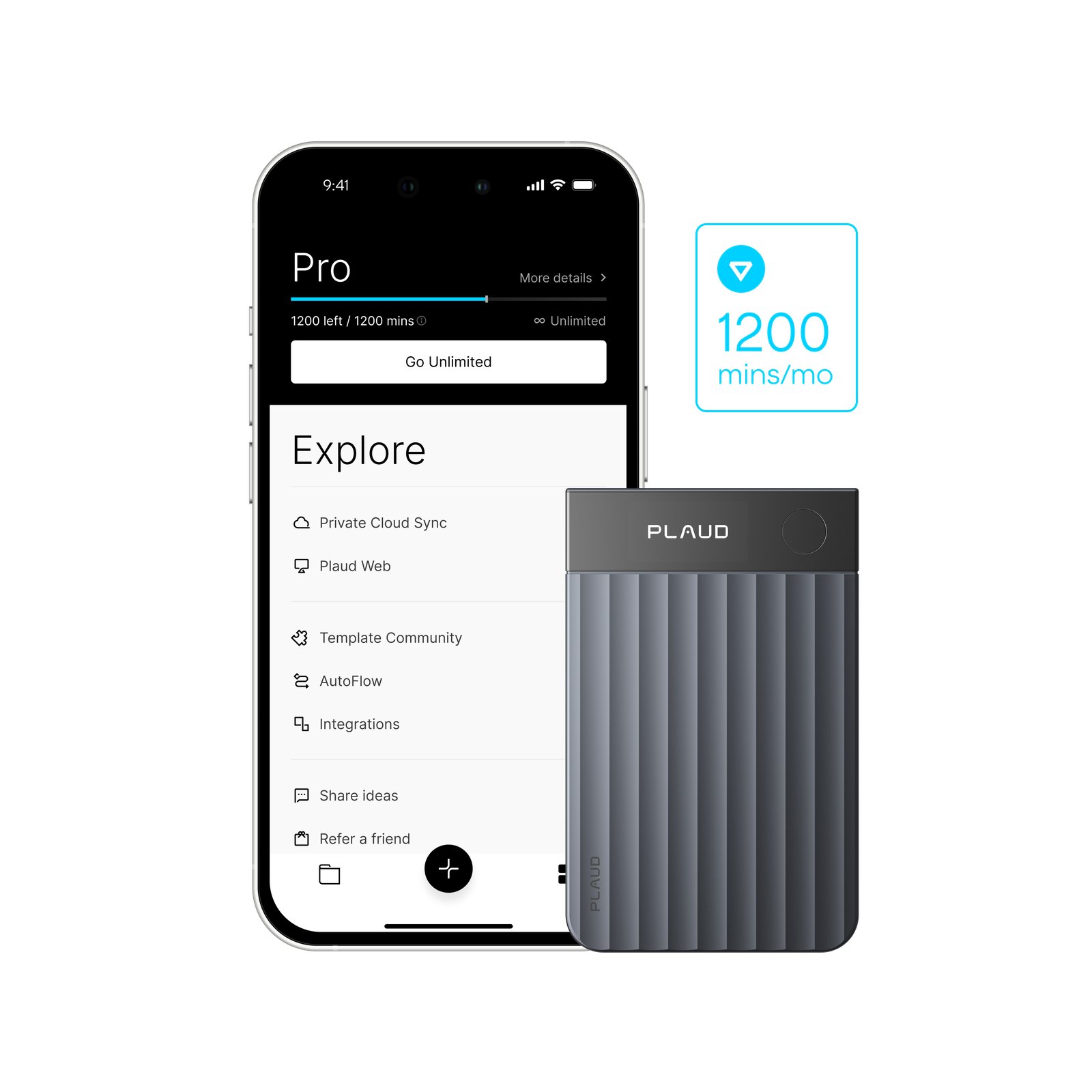 Plaud AI voice recorder beside a smartphone displaying app features
