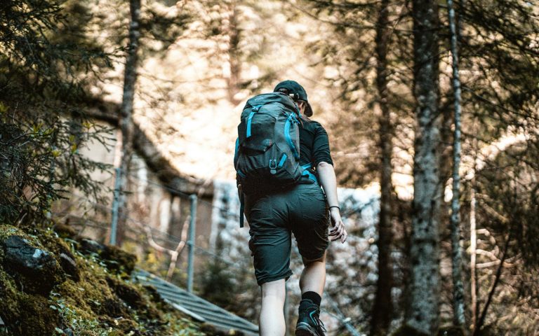 Hiker wearing outdoor pants on a forest boardwalk