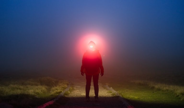 woman standing holding flashlight into woods