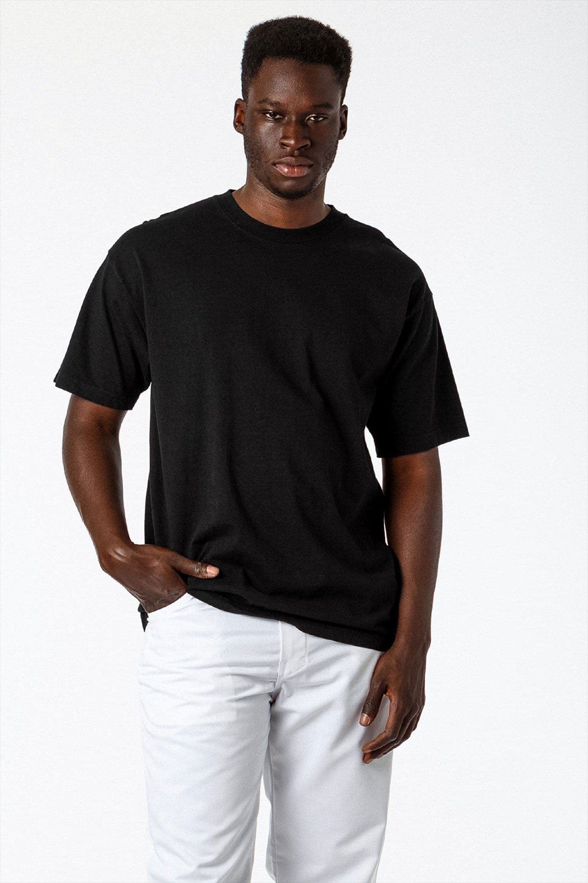 Los Angeles Apparel 1801 men's T-shirt styled as a relaxed outdoor travel layer