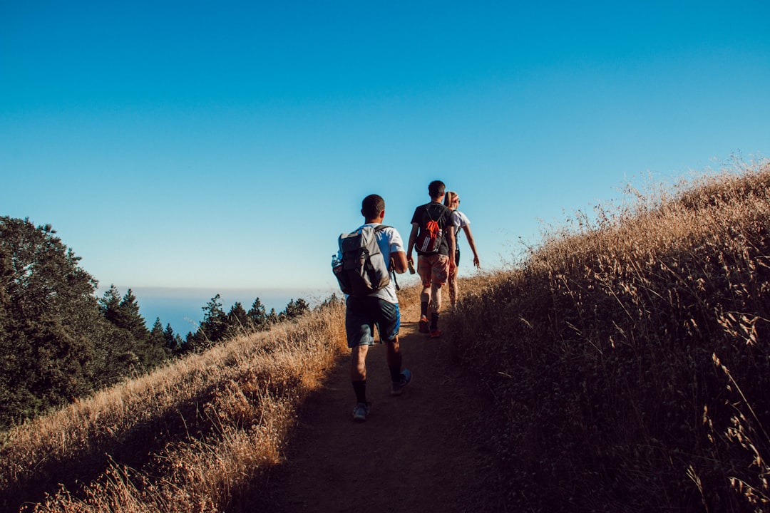Two hikers with backpacks walking along a trail toward snow-capped mountains