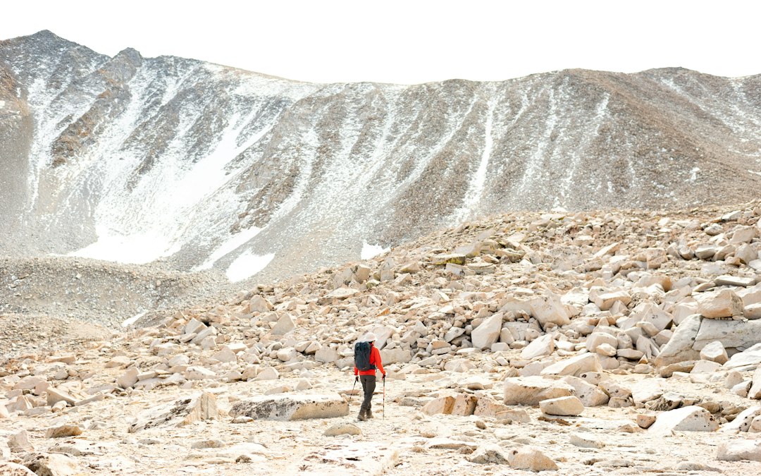 a man with a backpack walking through a field